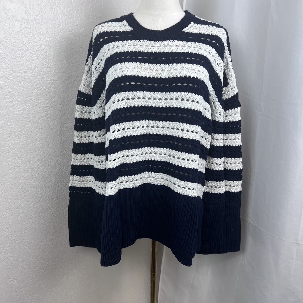 Gap Sweater Womens Medium Blue White Striped Open Knit Coastal Nautical Oversize